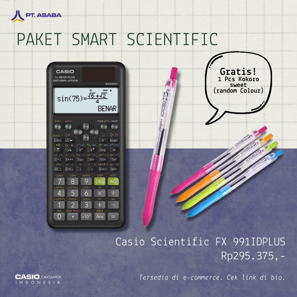 

Asaba Bandung - CASIO FX-991IDPlus -2nd edition- B.Indonesia - Kalkulator Sekolah Kuliah - Scientific - 451fungsi - kokoro gel pen - kokoro - pulpen kokoro
