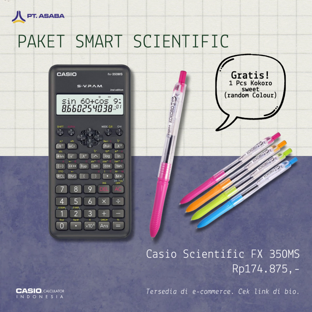 

Asaba Bandung - CASIO FX-350MS 2nd Ed - Kalkulator Sekolah/Kuliah - Scientific Saintifik - 240 fungsi - KOKORO PULPEN GEL - KOKORO - KOKORO GEL