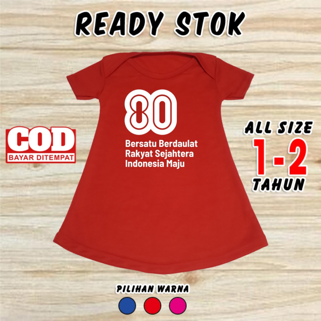 Dress Anak Perempuan Indonesia HUT RI 76 17 Agustus Merdeka Pakaian Bayi Kado Baju Cewek 1-2 Tahun