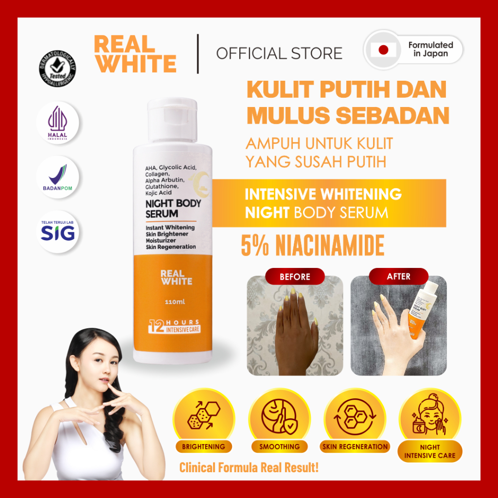 𝐑𝐄𝐀𝐋 𝐖𝐇𝐈𝐓𝐄 Lotion Pemutih Malam Night Intensive Whitening Body Serum Alpha Arbutin Glutathione AHA K