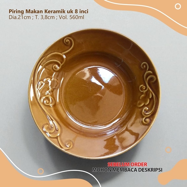 Piring makan keramik coklat motif classic uk 21cm emboss