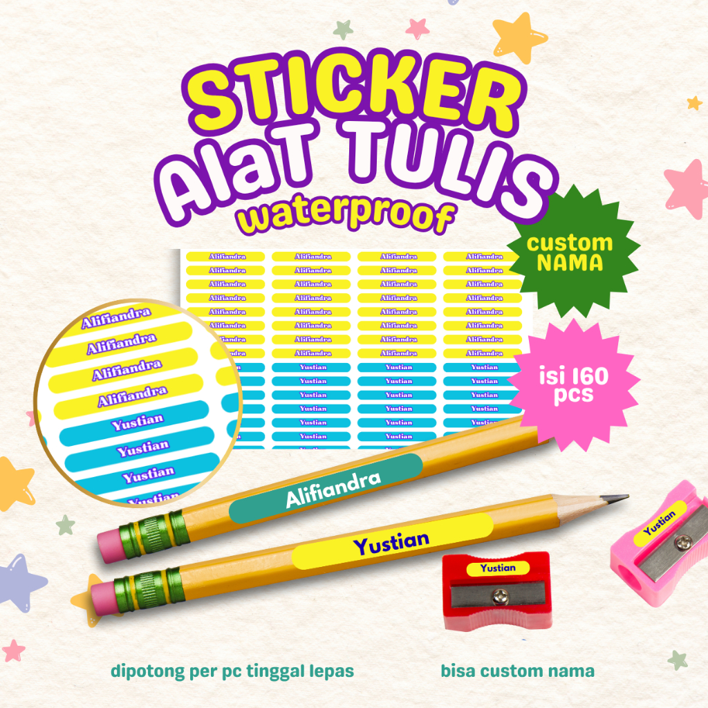 

Stiker Alat Tulis/ Botol (isi 160 pcs) Waterproof Custom Nama