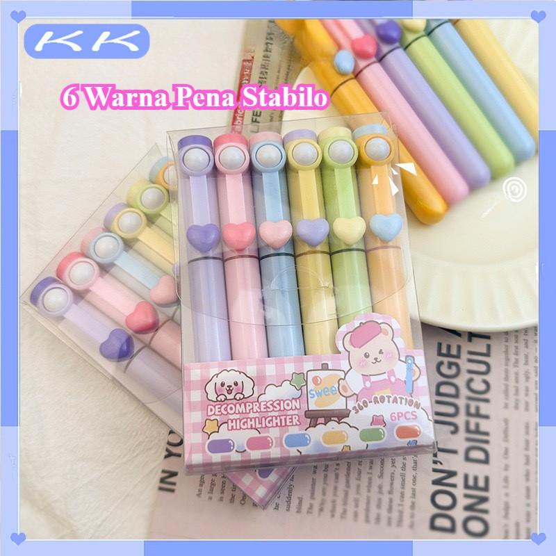 

【Ready】6 Warna Pena Stabilo / Stabilo Siswa Highlighter / Lucu Journal Marker Pen / Alat Tulis Spidol Jurnal Stationary