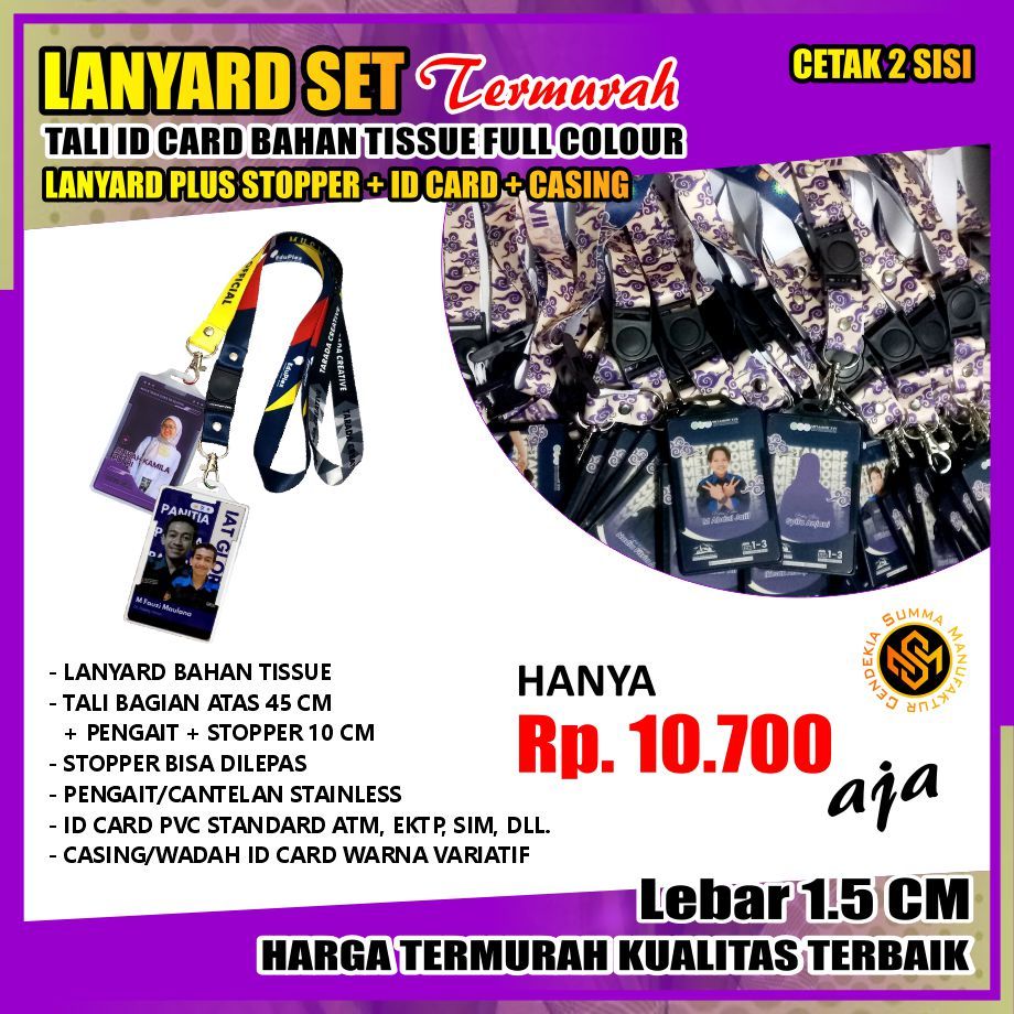 

Lanyard Set Tali ID Card Paket Kartu Casing Frame Custom Tissue Tisu Kalung Full Colour - Lebar 1,5 CM Cetak 2 Dua Sisi Plus Stopper