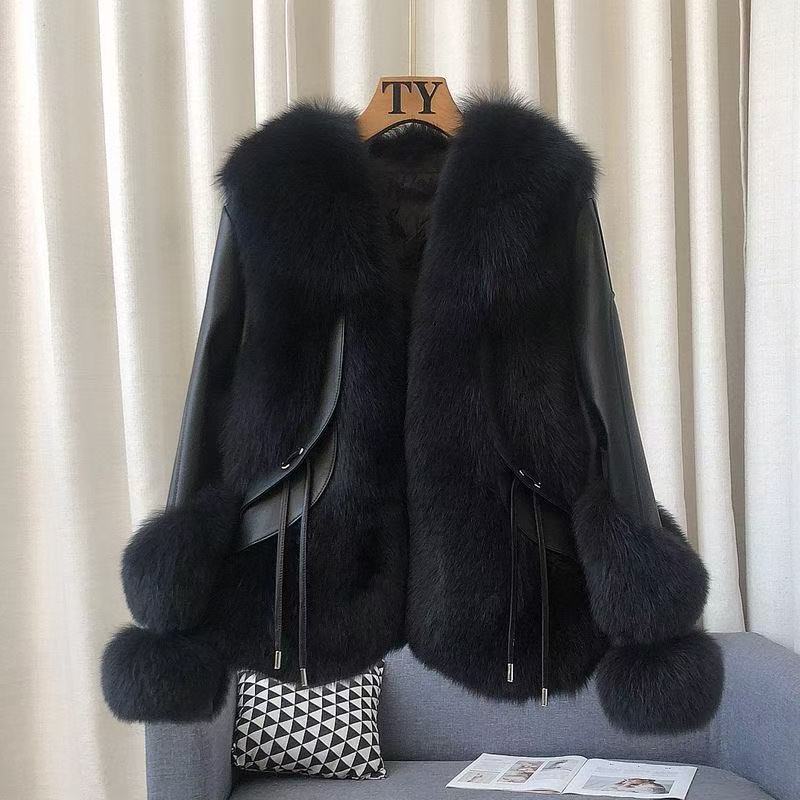 Mantel bulu rubah baru 2025, selendang kulit domba, kerah bulu besar, kerah bulu one-piece, ukuran k