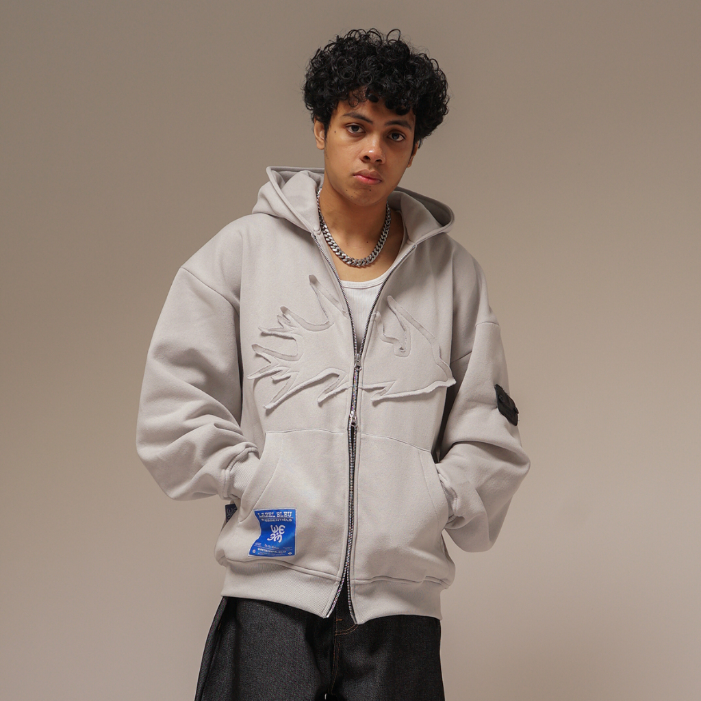 W.Essentiels Label Bleu Affinity Hirondelle Oversize Raw Embroidered Zip Hoodie Pewter Grey