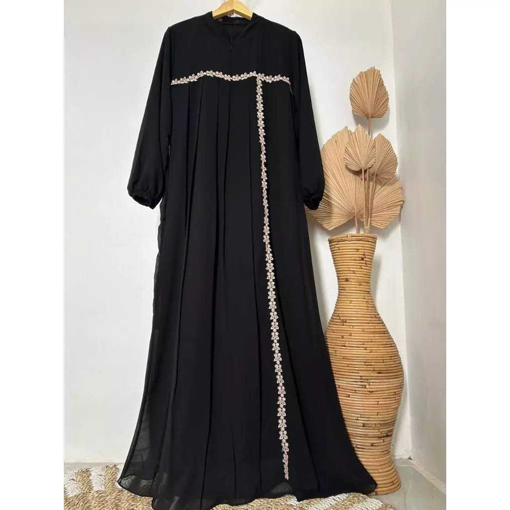 Gamis/Dress Polos Mat Crinkle AirFlow Variasi Renda Bunga / Gamis Crinkle AirFlow Premium