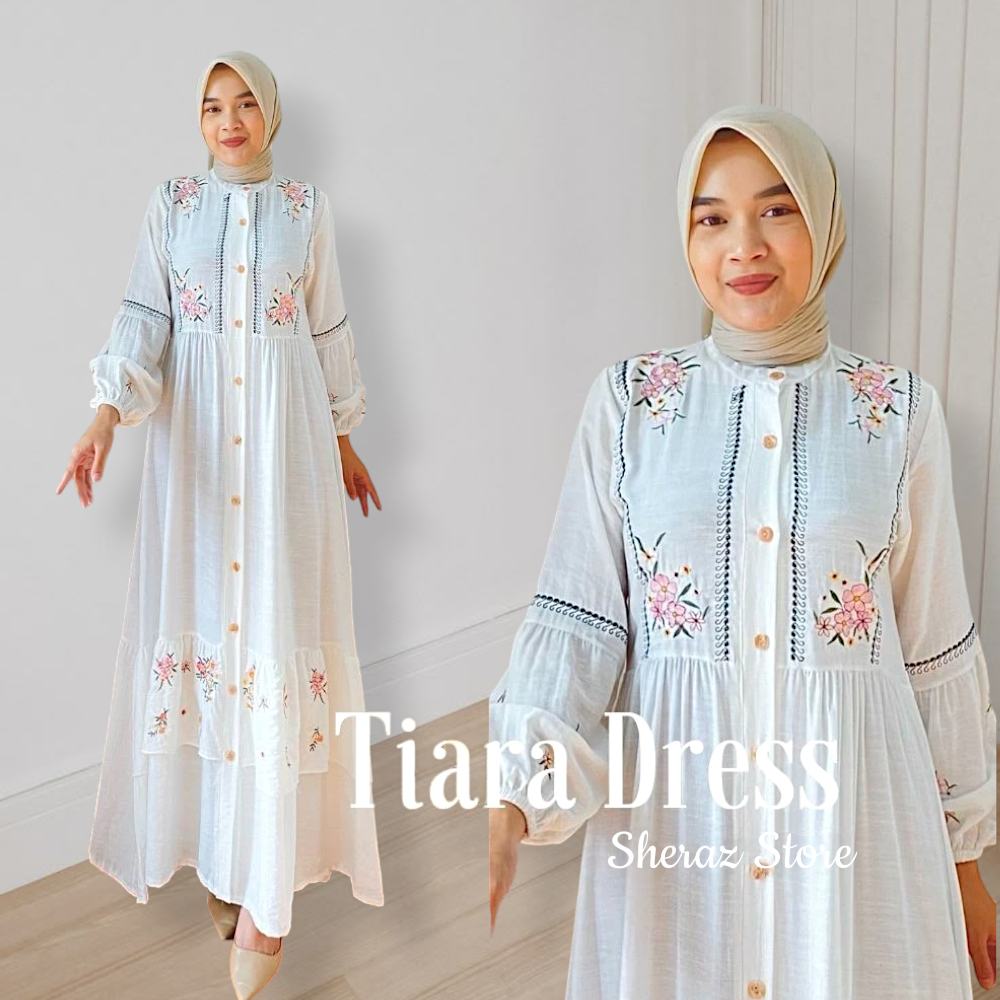 Tiara S M L XL XXL Gamis Dress Polo Linen Bordir Kondangan Wanita Terbaru Jumbo Ld 120 - 92 Putih Hi