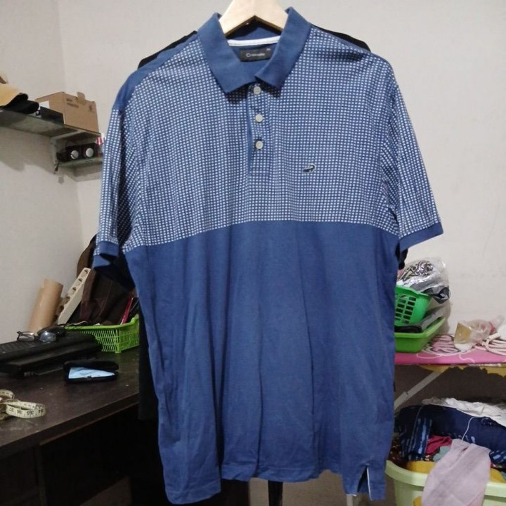 Kaos katun kerah warna navy CROCODILE second Original logo bordir kancing embos size XXL LD 120cm Pj