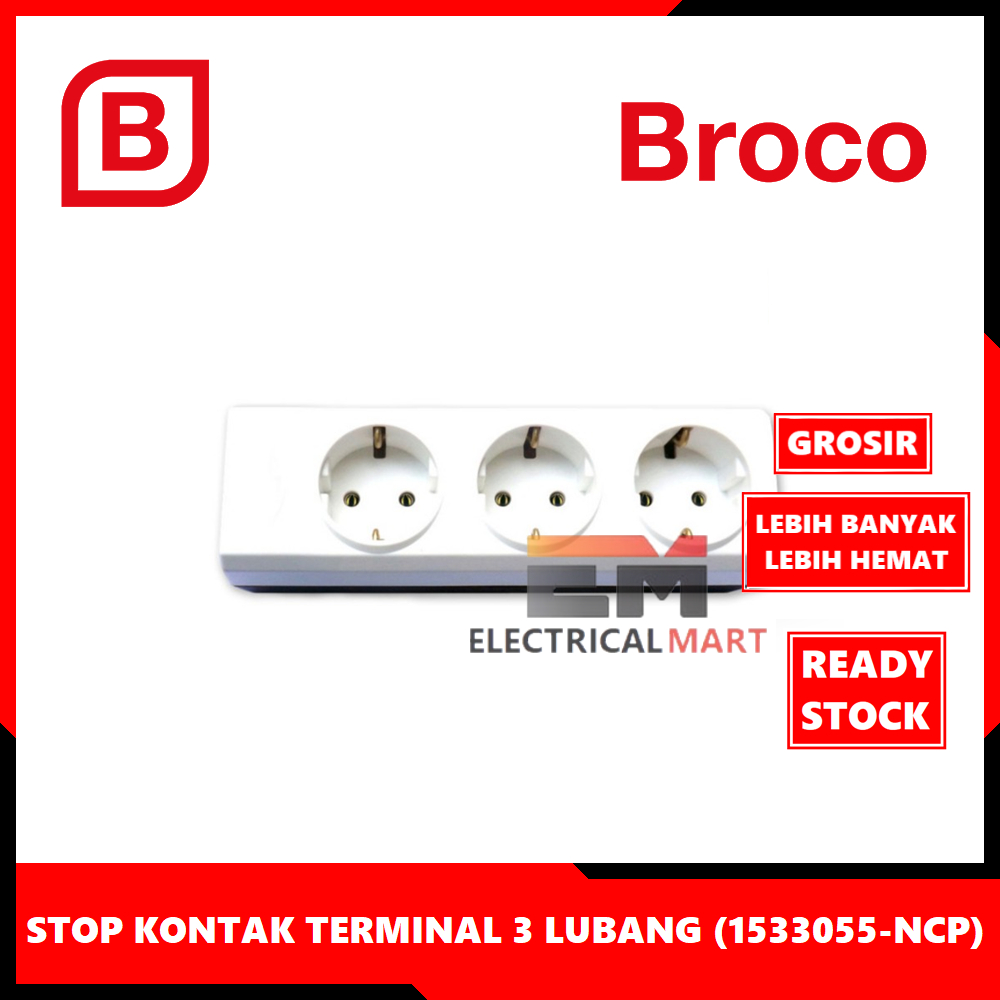 (GROSIR) Stop Kontak 3 Lubang Broco Putih (15330) Terminal Kuningan 2P Colokan Tempel 15330-NCP