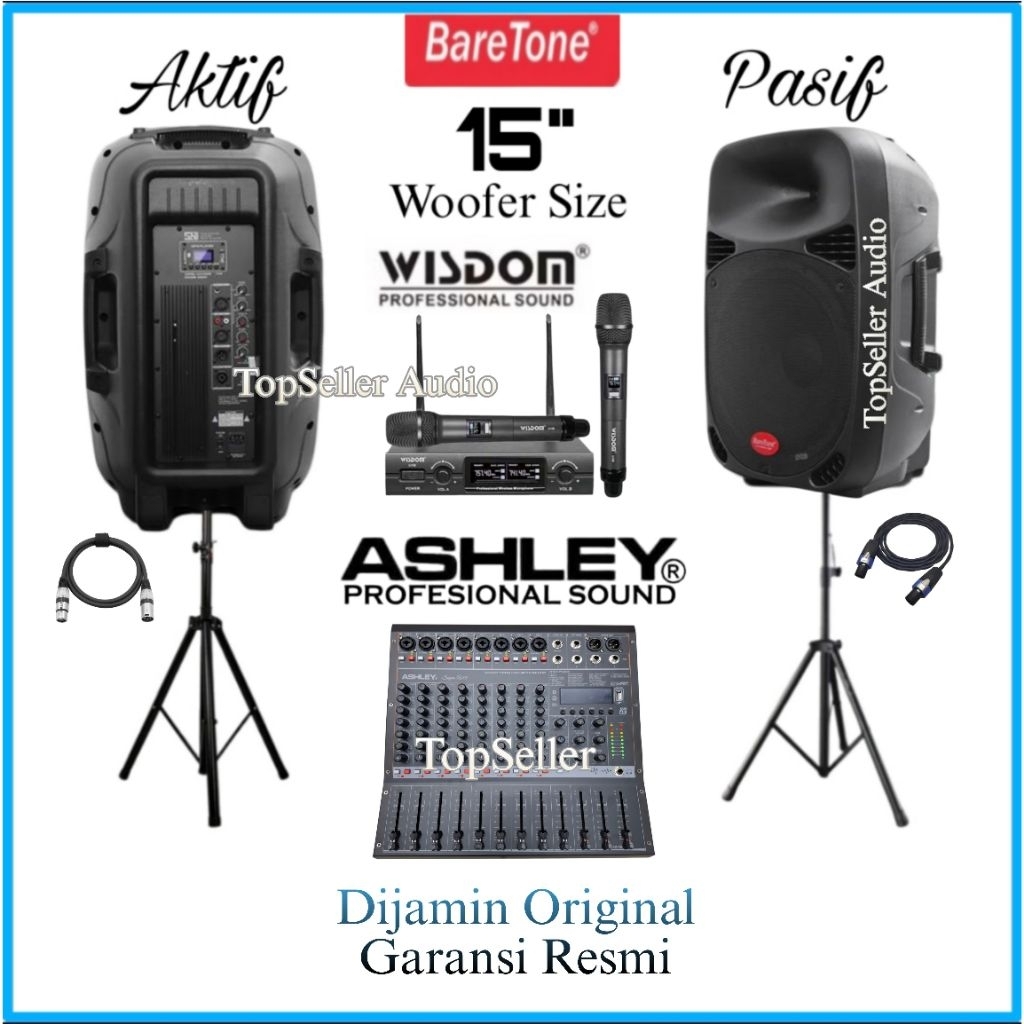 Paket Sound System Karaoke Speaker 15 Inch Aktif & Pasif BareTone Mixer Ashley Super V10 Bluetooth M