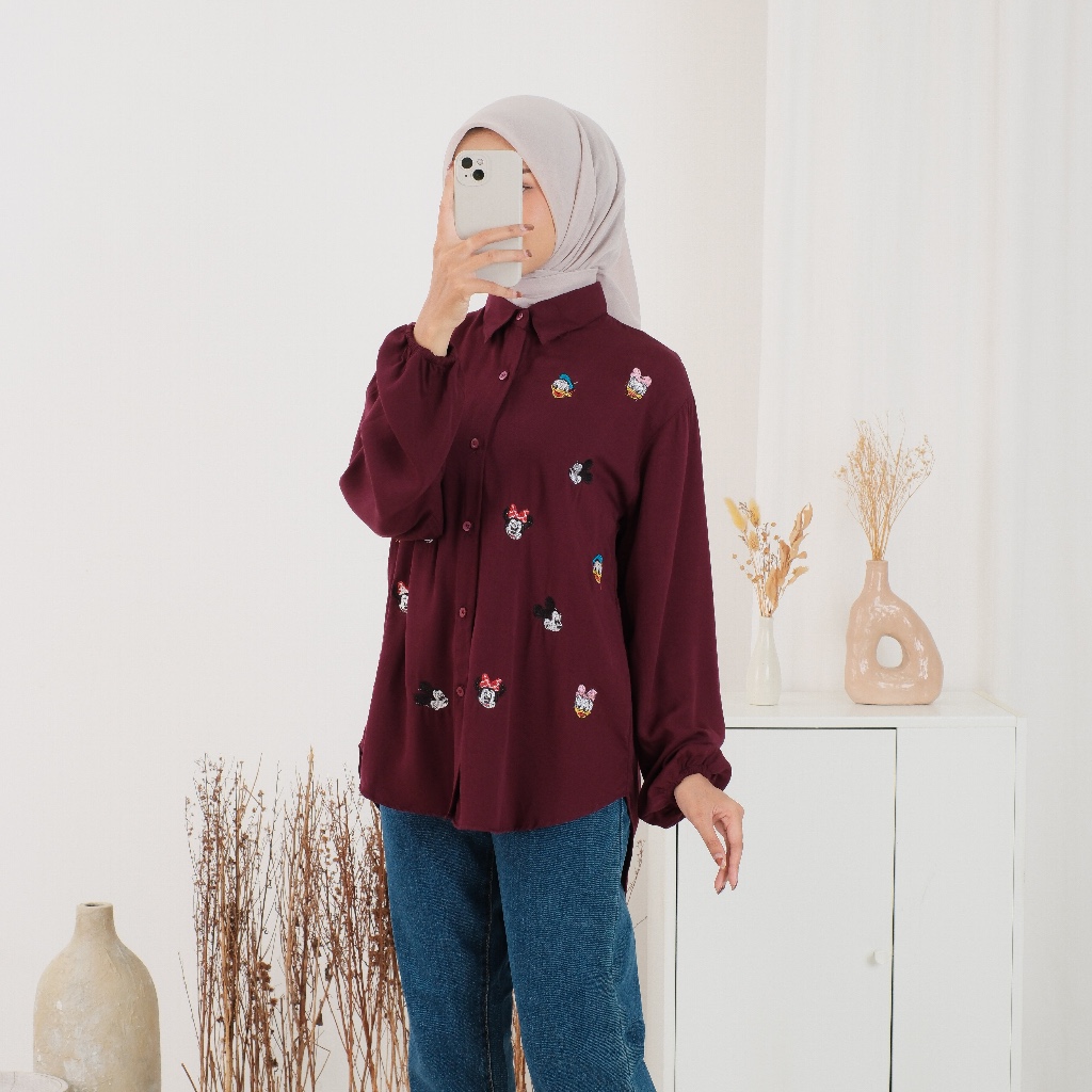 KEMEJA WANITA MICKEY BORDIR ATASAN WANITA RAYON TWILL POLOS KEMEJA DISNEY