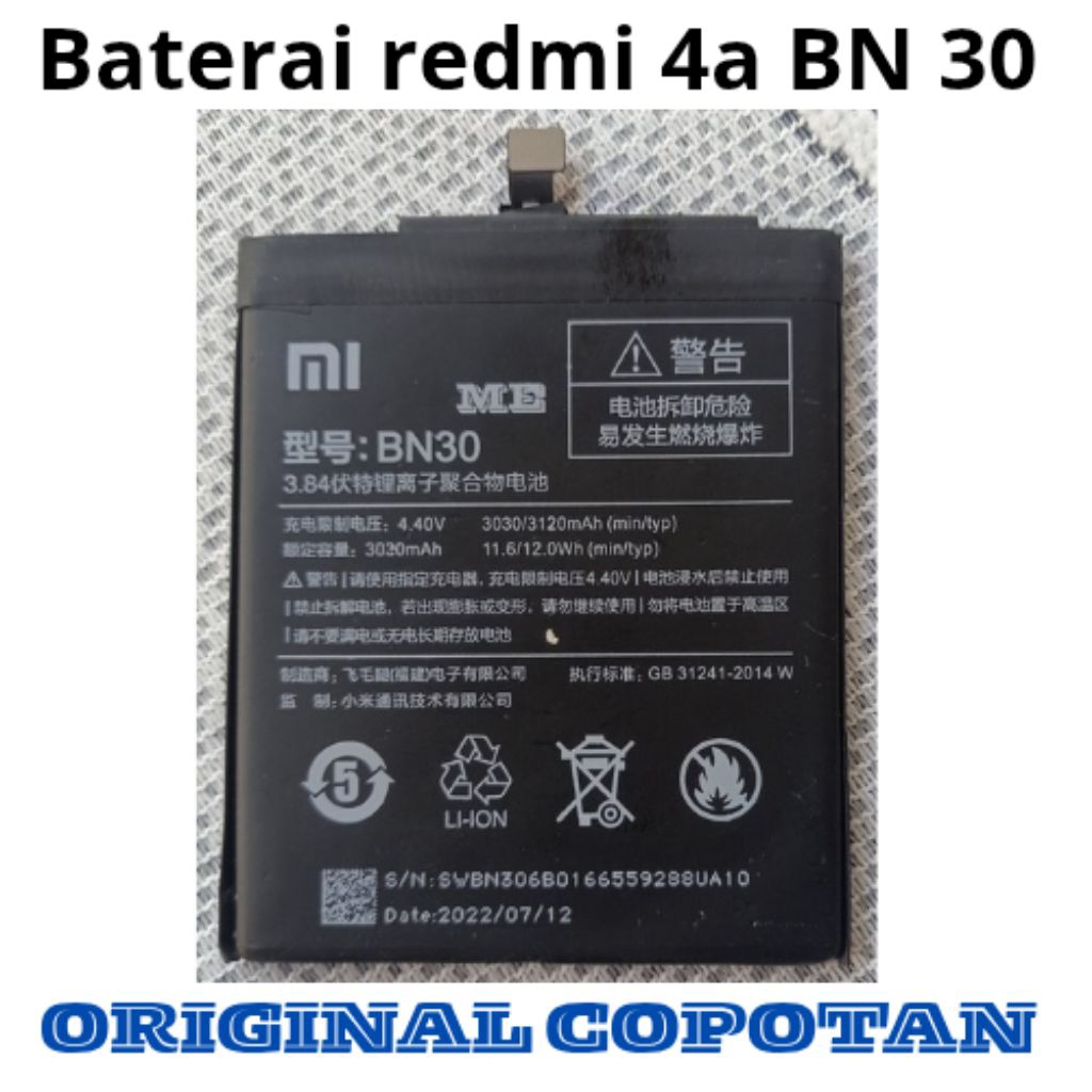 baterai Xiaomi Redmi 4A/BN 30 original copotan