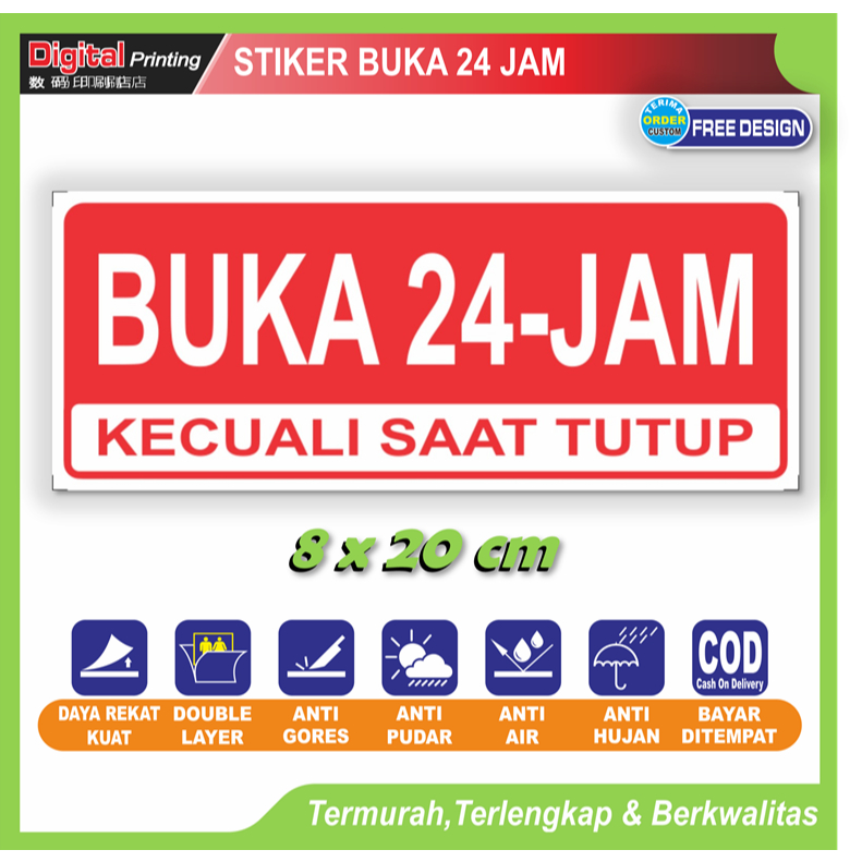 

Stiker tulisan buka 24 jam toko warung kantor sticker informasi jam pelayanan pembeli