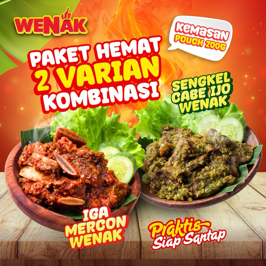 

Wenak Paket 2 Porsi Kombinasi Iga Mercon Wenak dan Sengkel Cabe Ijo Wenak Iga Sapi Sengkel Sapi