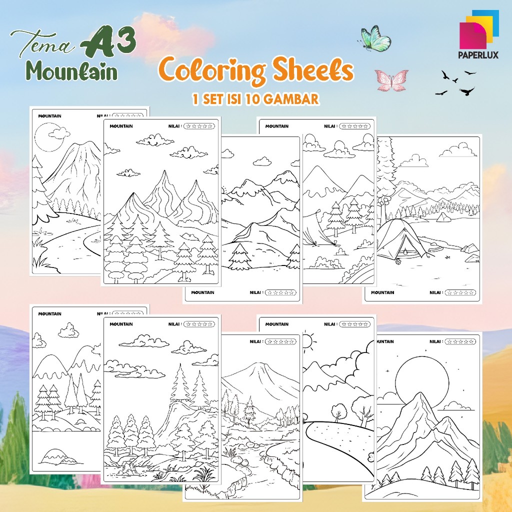 

KERTAS GAMBAR MEWARNAI TEMA MOUNTAIN - LEMBAR COLORING SHEETS FOR KIDS ISI 10 LEMBAR [A3] READY