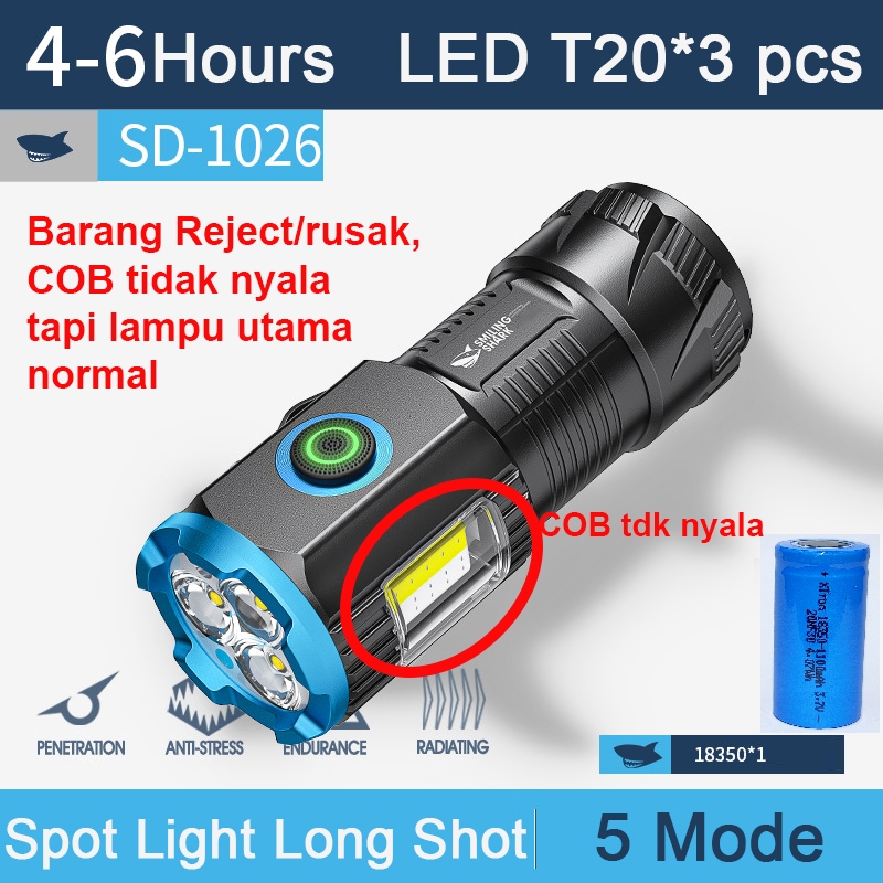 Produk cacat/reject COB MATI tapi LED utama normal Senter Smiling Shark SD1026