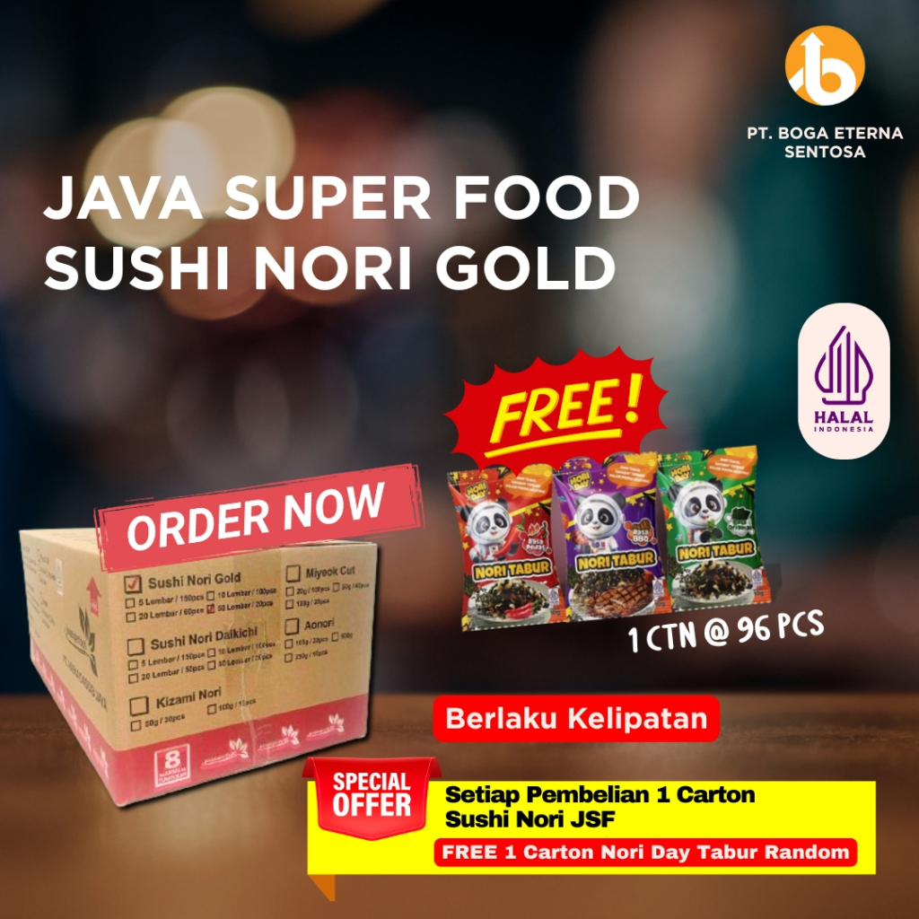 

JAVA SUPER FOOD SUSHI NORI per Carton (HARGA GROSIR) (Rumput Laut untuk Sushi/Gimbap)