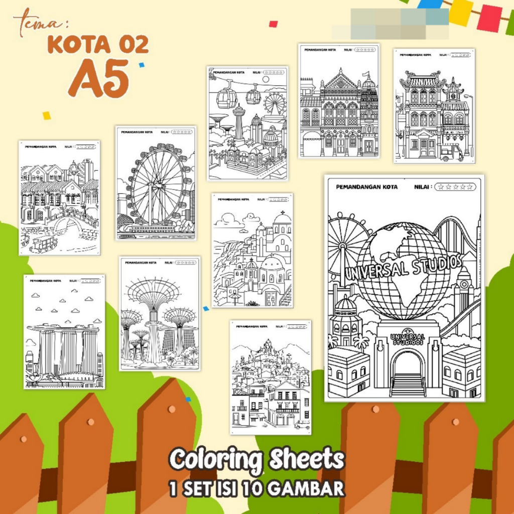 

KERTAS GAMBAR MEWARNAI TEMA KOTA - LEMBAR COLORING SHEETS FOR KIDS ISI 10 LEMBAR [A5] READY