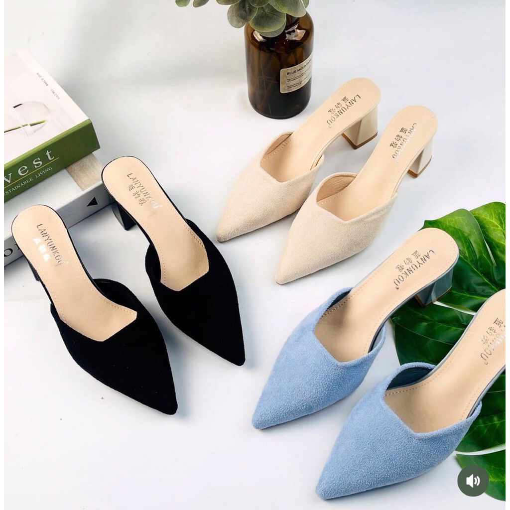 A6001 sendal selop suede cewek best seller keren ringan nyaman hak tinggi 6cm viral pesta kondangan 