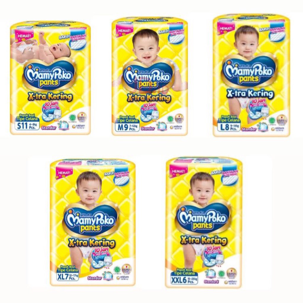 MamyPoko X-tra Kering Pack Kecil - S11/M9/L8/XL7/XXL6 - Popok Perekat / Celana