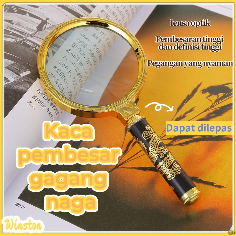 

12 kali Kaca pembesar kuning 80mm yang dapat dilepas, kaca pembesar ukiran naga, kaca pembesar baca genggam