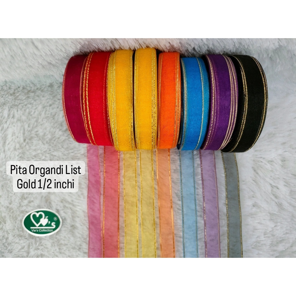 

[PER-SLOP] Pita Lis Gold Organdi 1/2 Inchi Kado Hiasan Souvenir Hampers Pita Potong Vies Collection Pita Kado