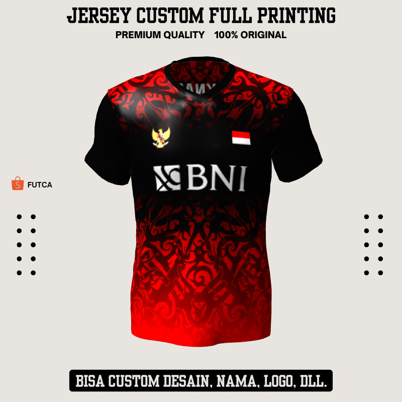 Kaos Jersey Badminton Hitam Merah Motif Batik 12 - Jersey Baju Olahraga Custom Full Printing