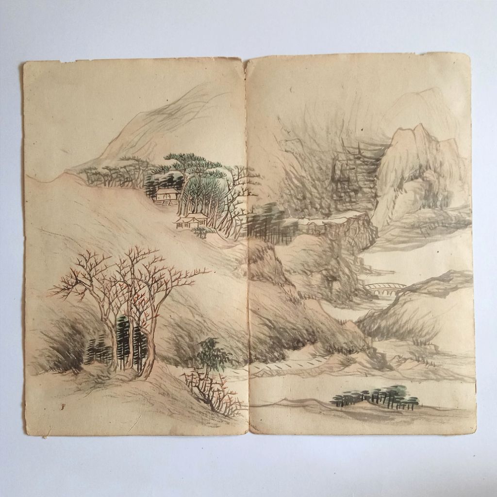 Antik Lukisan Kertas Cina Tinta Basah Pemandangan Tua Langka Layak Koleksi