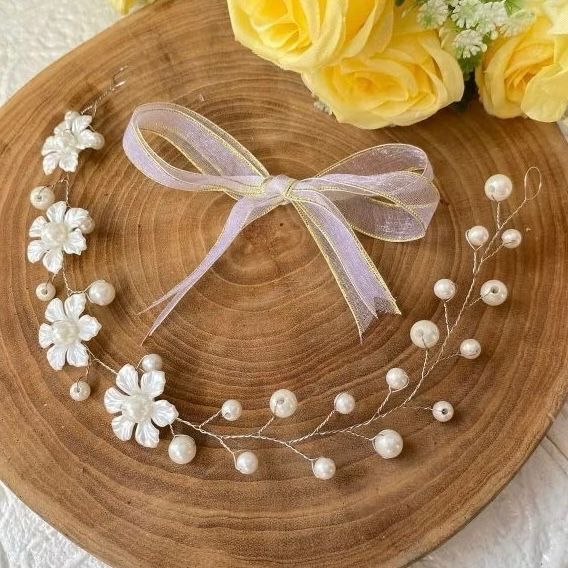 RG - [￼TIARA] Aksesoris Kepala Bridesmaid Hijab Mahkota Bunga Mutiara + Rumbai Pita