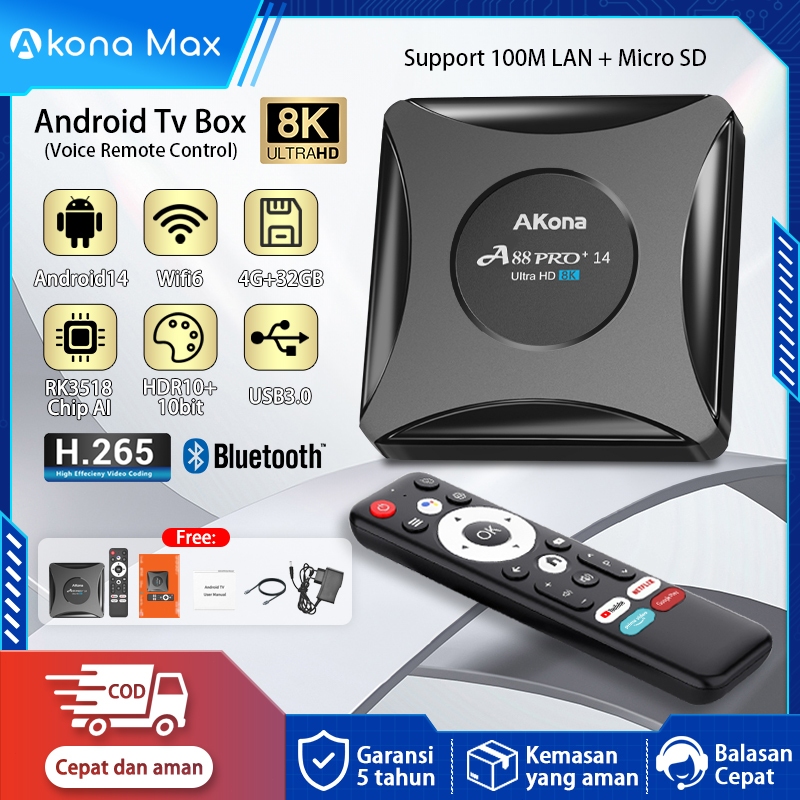 Akona Android TV Box 8K UHD Android 14 OS Set Top Box Stb Android Tv Voice Remote Control Ram 4Gb