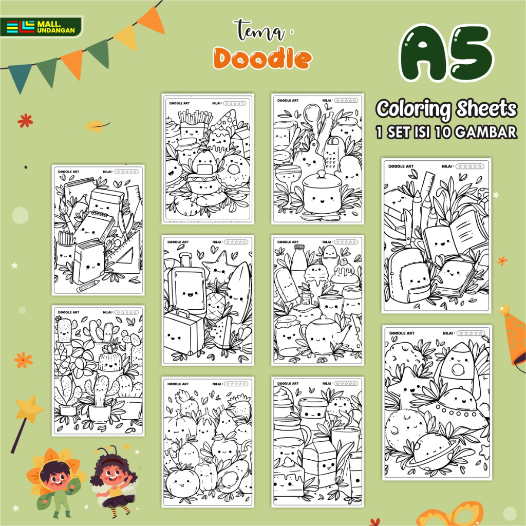

LEMBARAN MEWARNAI ANAK A5 - BAGIAN TEMA DOODLE - PAPER COLORING SHEETS FOR KIDS