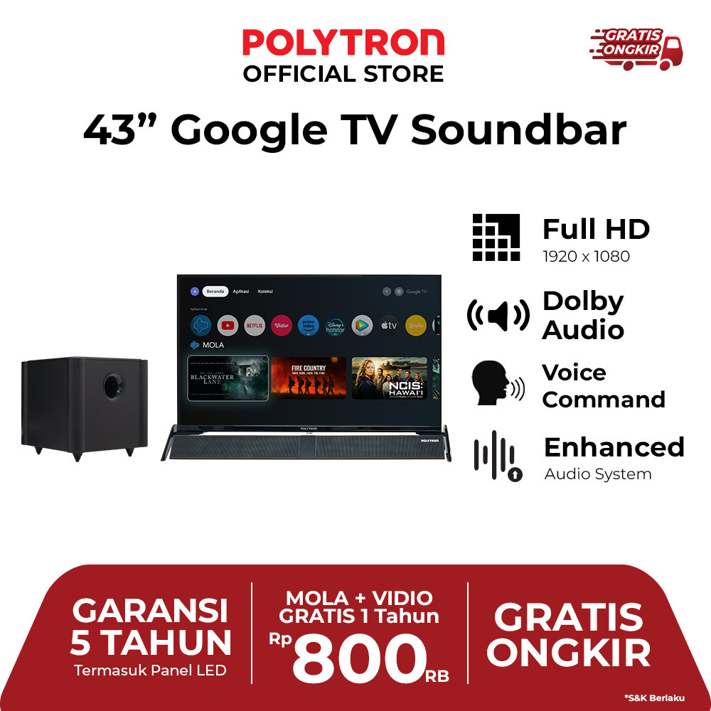 LED TV Polytron 43BG Android TV + Soundbar Garansi 5 Tahun