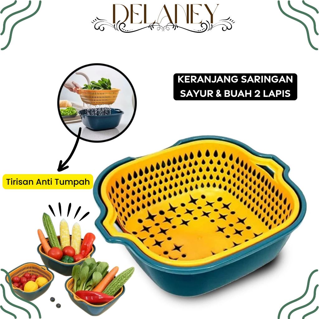 Delaney Keranjang Saringan Sayur & Buah 2 Lapis - Wadah Tirisan Anti Tumpah