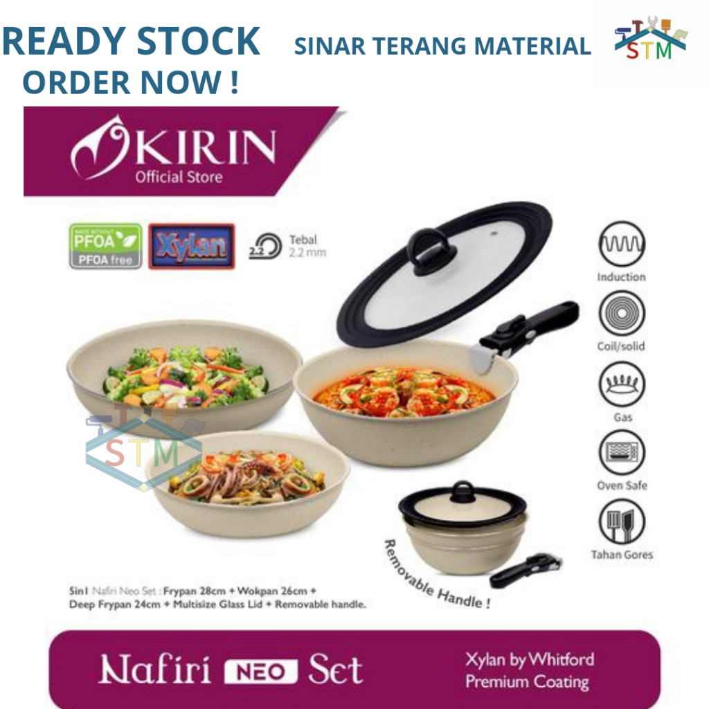 KIRIN NAFIRI NEO SET | Wajan Removable Handle / 3 Pan + 1 Penutup + 1 Removeable Handle
