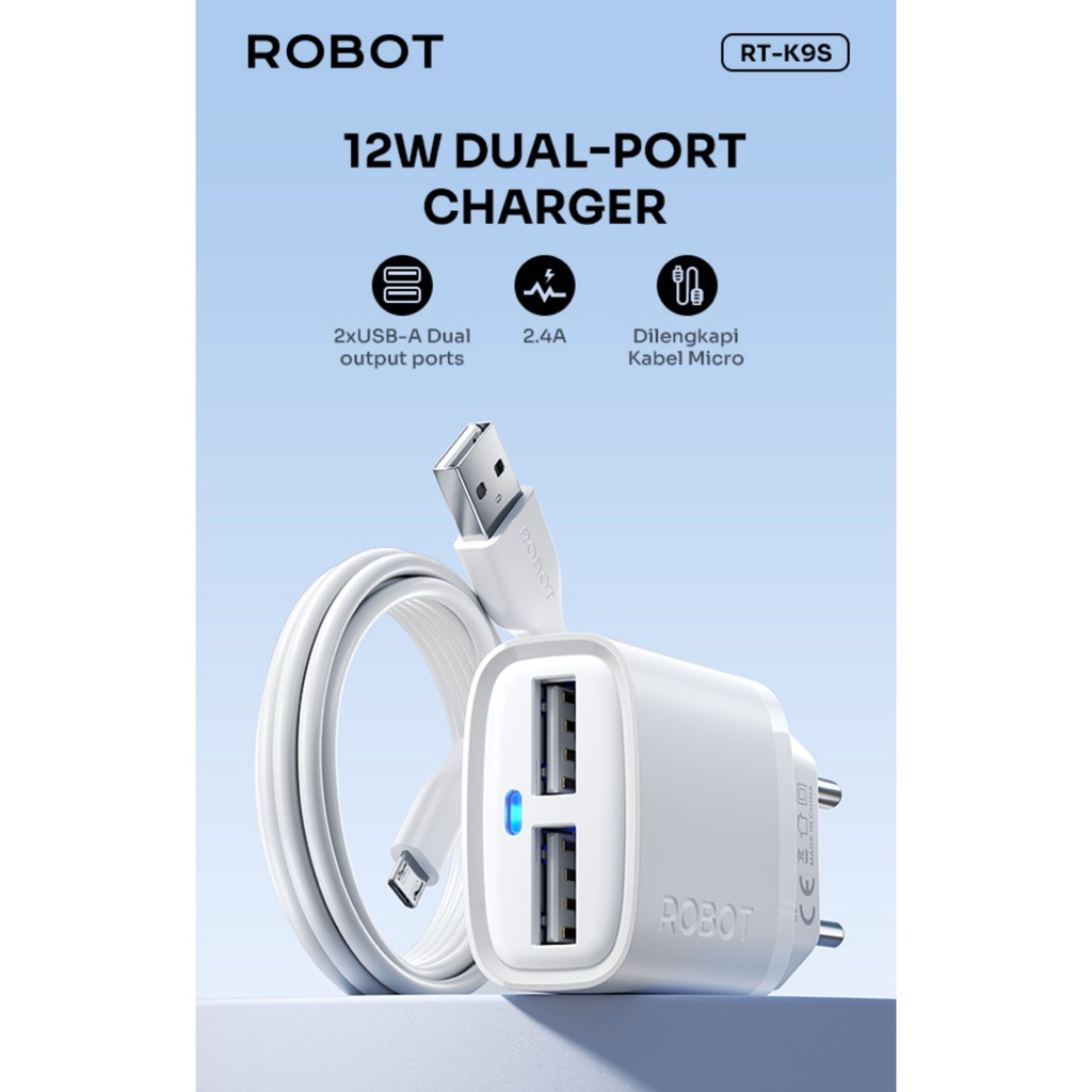 Travel Charger ORIGINAL ROBOT RT-K9S 2USB 2.4A 12W USB Kabel Micro / Type-C RT-K9SC Casan Fast Charg