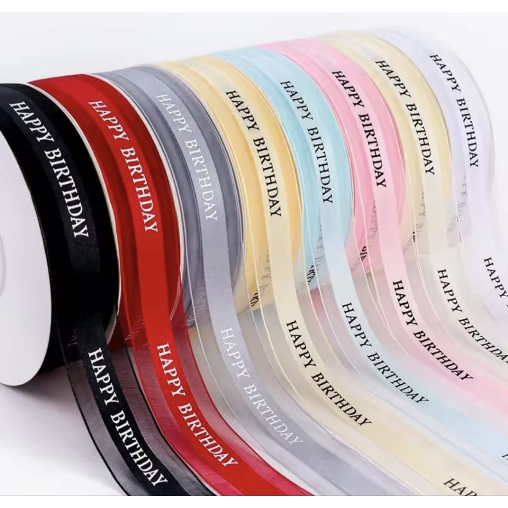 

1m Pita Satin Organza 2,5cm 1inch 1" Happy Birthday Best Wishes Hiasan Box Kue Kado Hampers