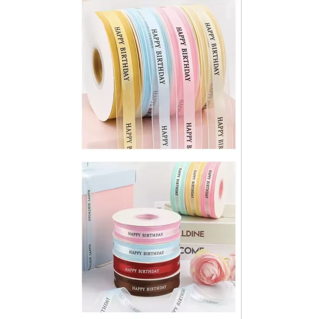 

1m Pita Satin Organza 2,5cm 1inch 1" Happy Birthday Best Wishes Hiasan Box Kue Kado Hampers