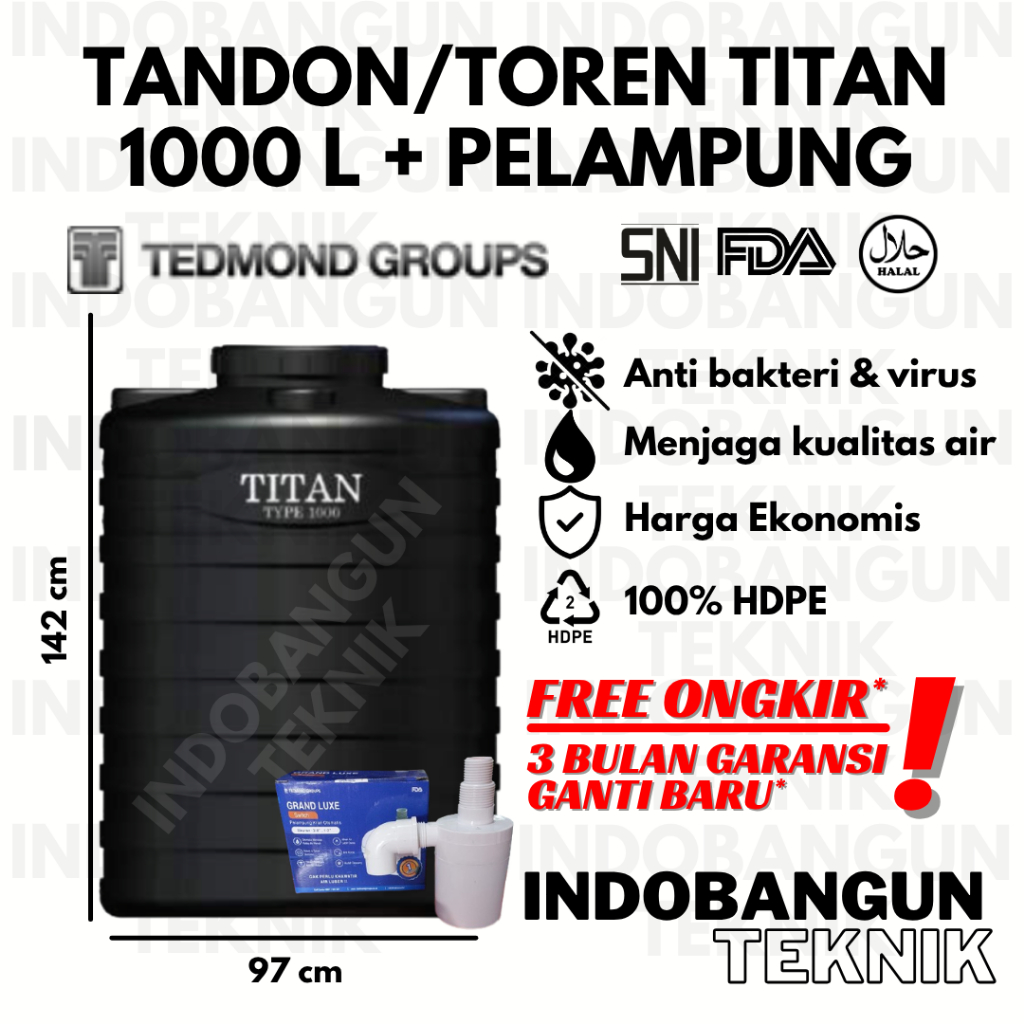 Tandon Toren Tangki Tedmond Grand Titan 1000 Liter + Pelampung Grand Luxe Garansi 3 Bulan