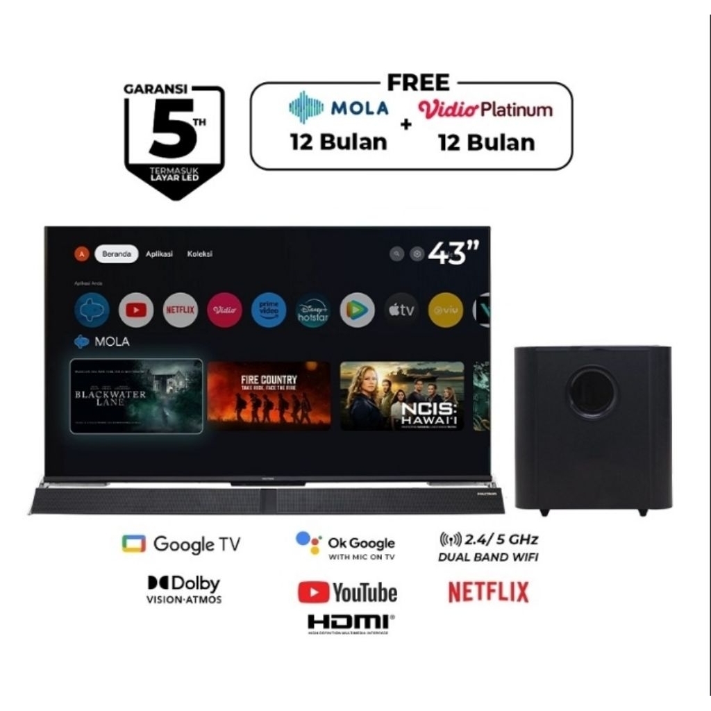 GOOGLE TV POLYTRON UHD 4K 43BUG5959 SPEKER SOUNDBAR SINEMAX GARANSI RESMI 5 TAHUN