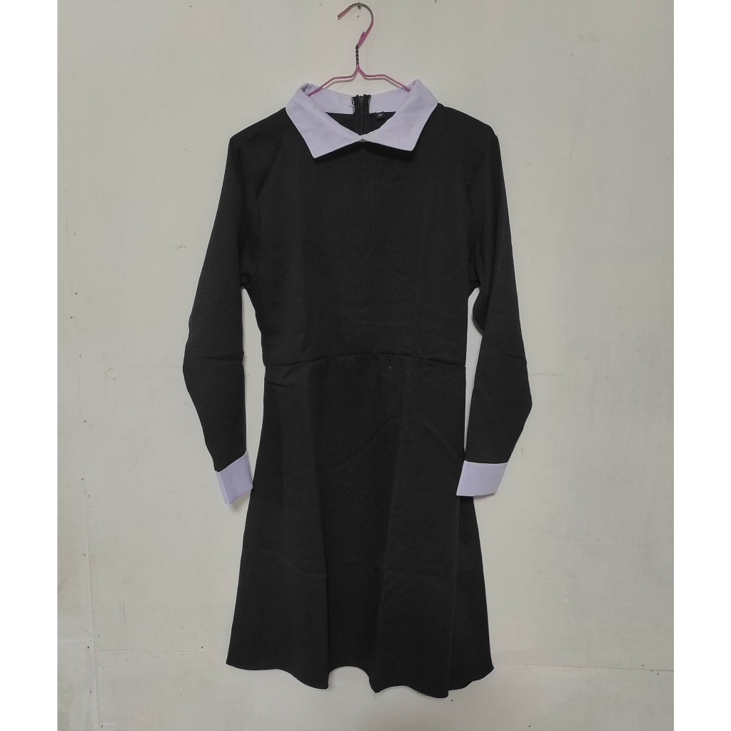 Dress Hitam Wanita Lengan Panjang Kerah Putih Preloved