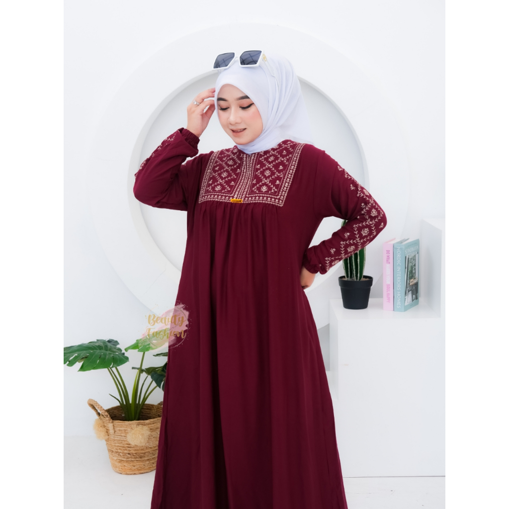 Gamis Rayon Twill Bordir Wanita KAYLA Premium Terbaru Busui Friendly Dress Motif Model Kekinian