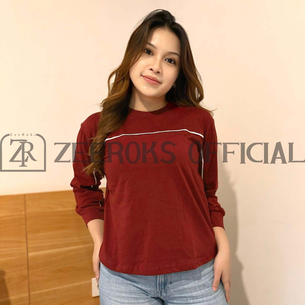 Kaos Atasan Wanita Long Sleeve Lisa Garis Putih Bahan Cotton Combed