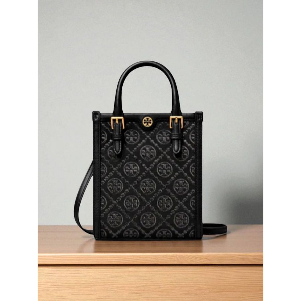 TB T Monogram Mini N/S Tote Black