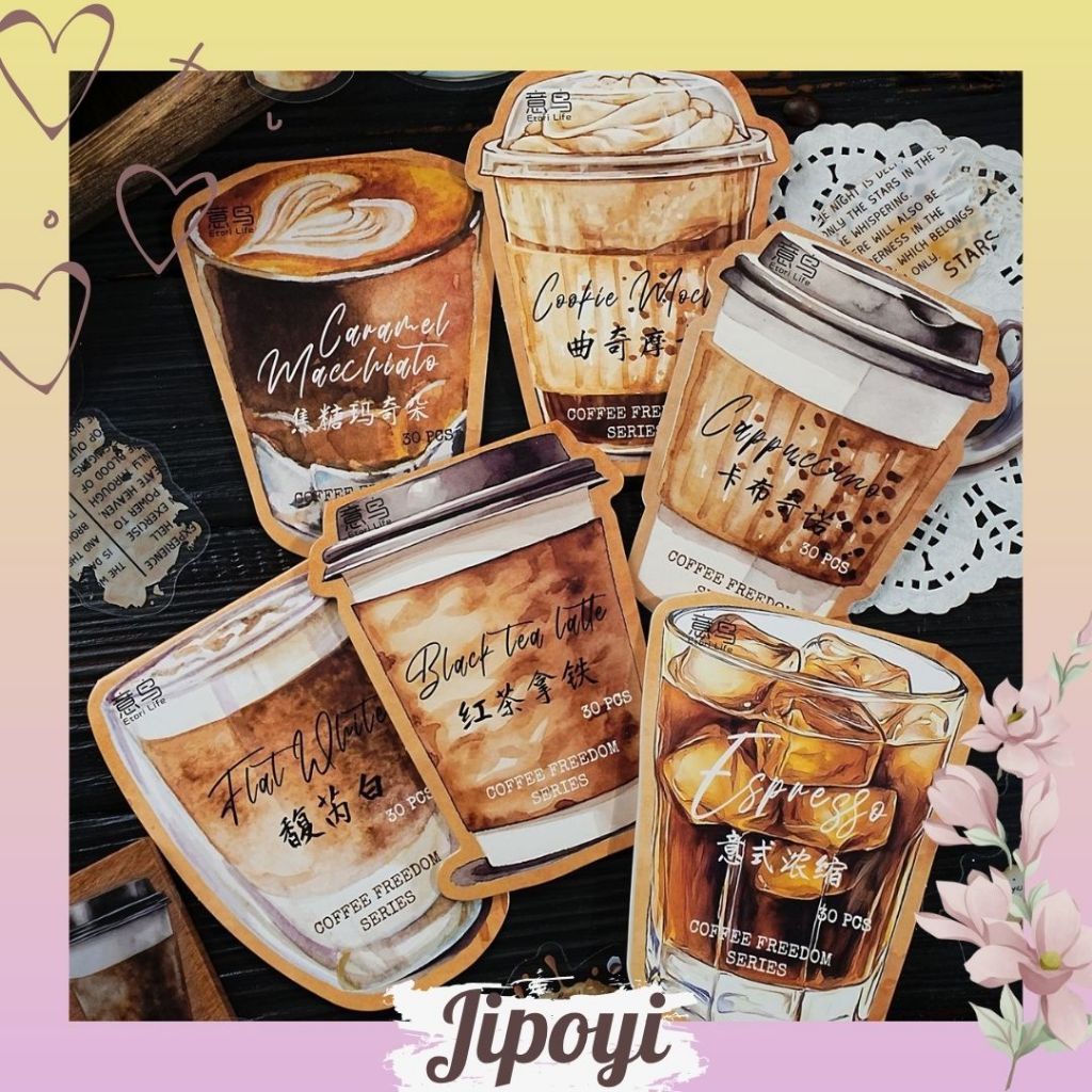 

30pcs Stiker Sticker Cofee Series Anti Air Bujo Journal Jurnal Scrapbook Diary Love Aesthetic DIY