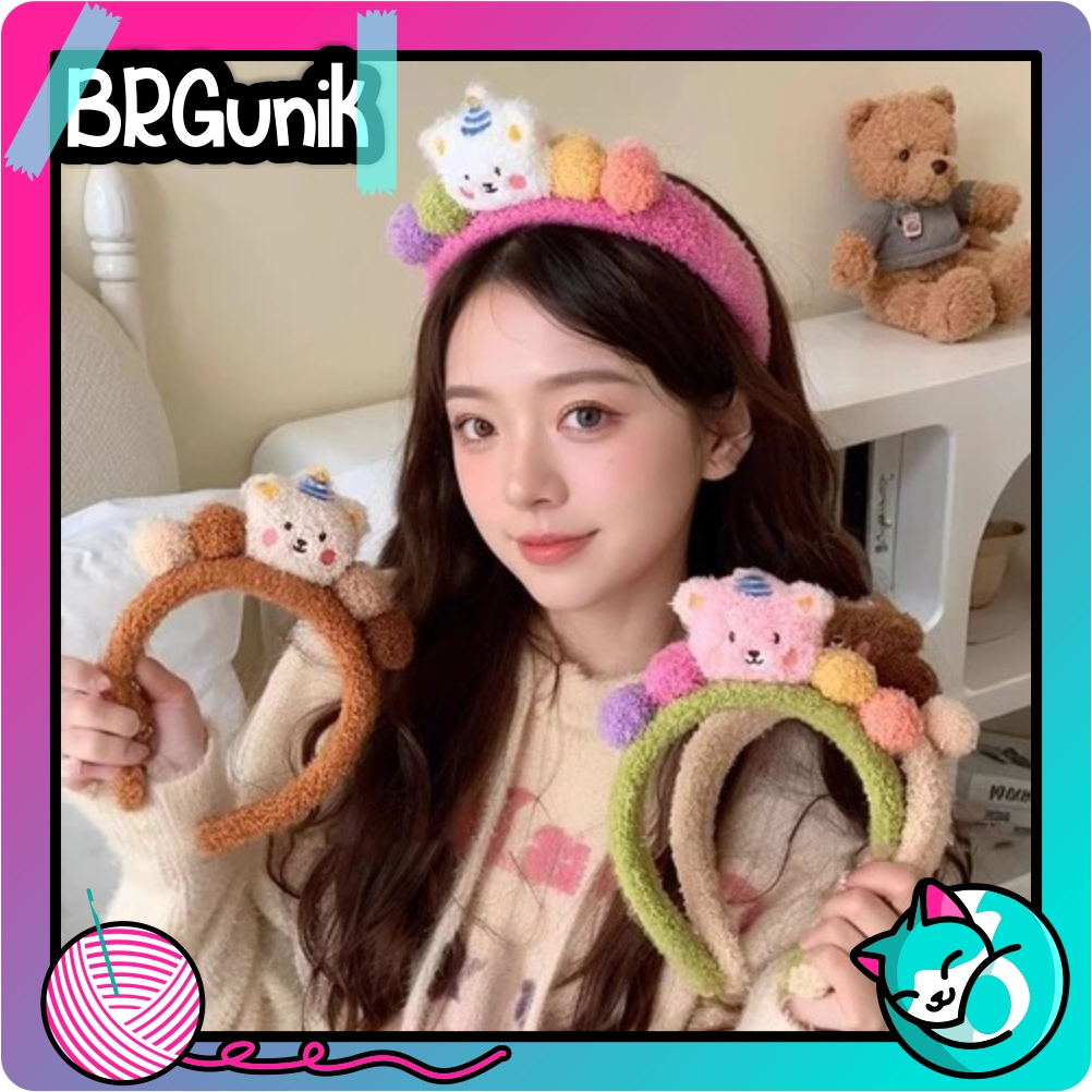 BRGUNIK Bando Karakter Boneka Beruang 3D Bondu Cosplay Motif Dango Bear Plush Bandana Wanita Anak Da