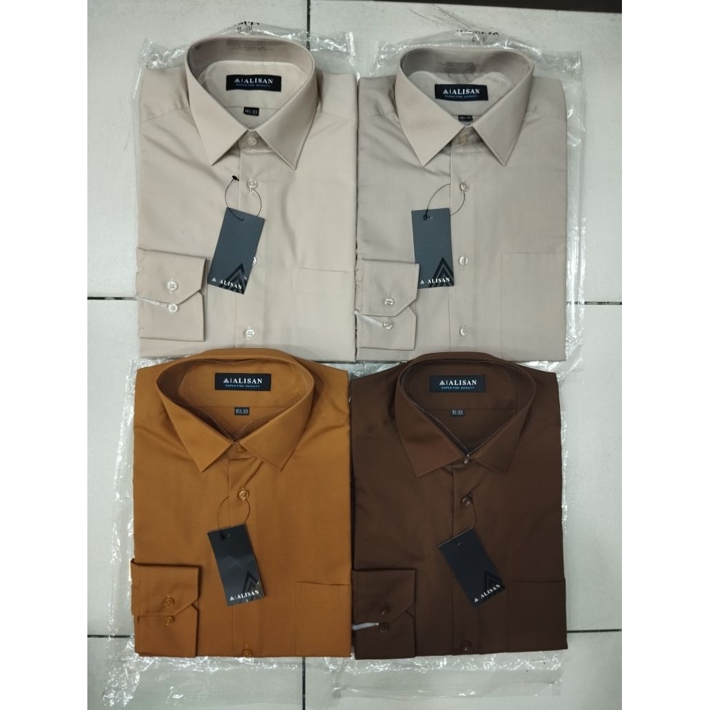 Alisan Kemeja Formal Pria Polos Warna Cokelat Muda Mocca Carramel Cokelat Tua Lengan Panjang Reguler