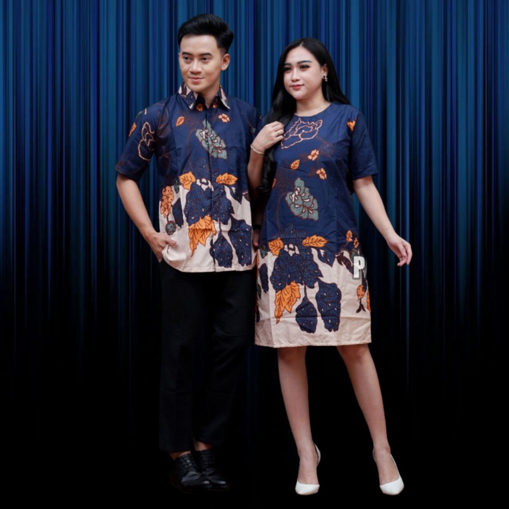 Couple Dress Batik Wanita Motif Mawar Navi baju couple dress batik korean style pres body pasangan d