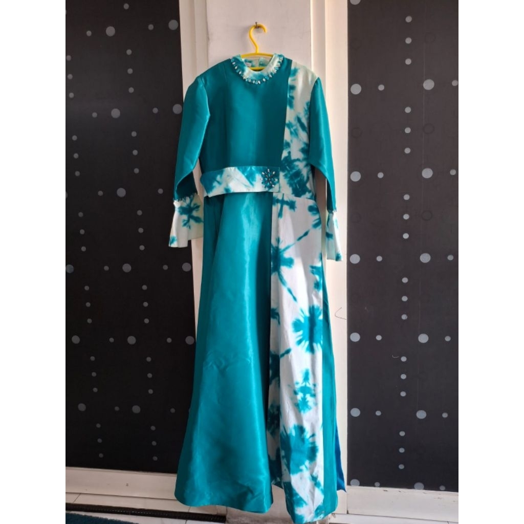 PRELOVED BAJU l Dress Panjang Wanita Kombinasi Batik Warna Biru Muda Bekas/ Gamis Wanita Biru Muda P