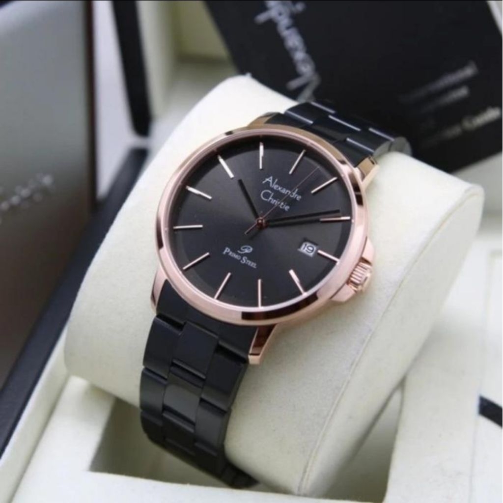 JAM TANGAN PRIA ORIGINAL ALEXANDRE CHRISTIE AC1032MD ROSEGOLD BLACK STAINLESS STEEL